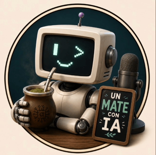 Logo de Un Mate con IA: un robot retro con cara de pantalla CRT tomando mate junto a un micrófono